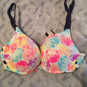 PINK neon floral push up bra